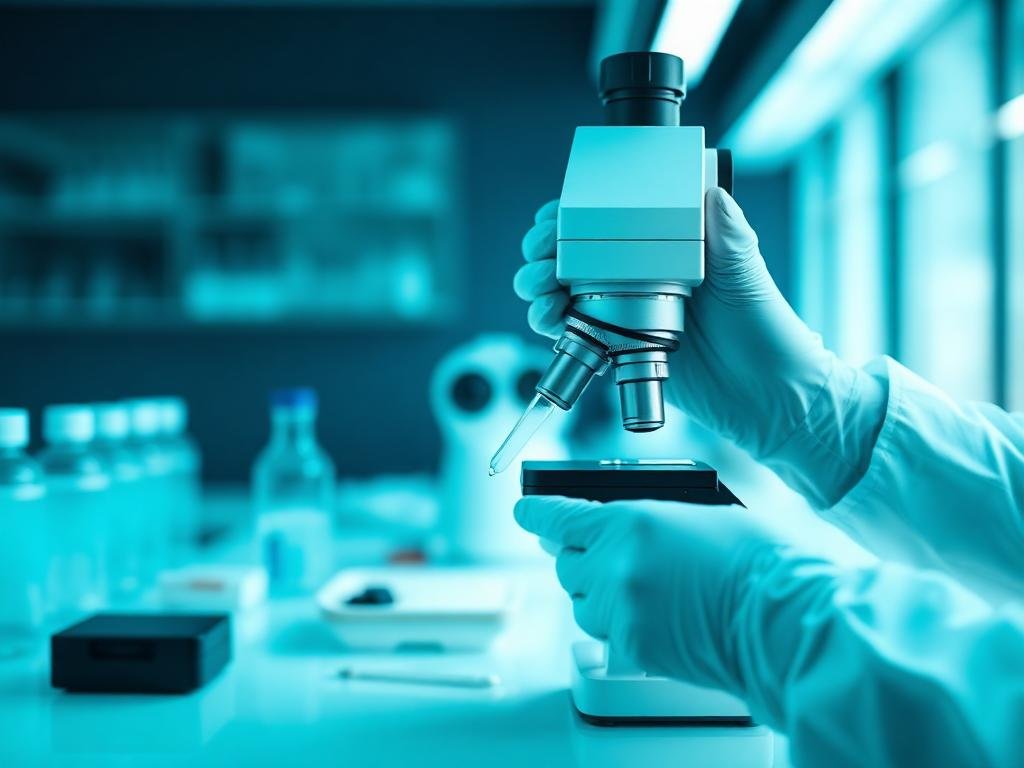 Researcher analysing a peptide sample under a laboratory microscope